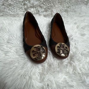Tory Burch Parker Brown Cap Toe Grey Quilted Wool and Gold Logo Ballet Flats